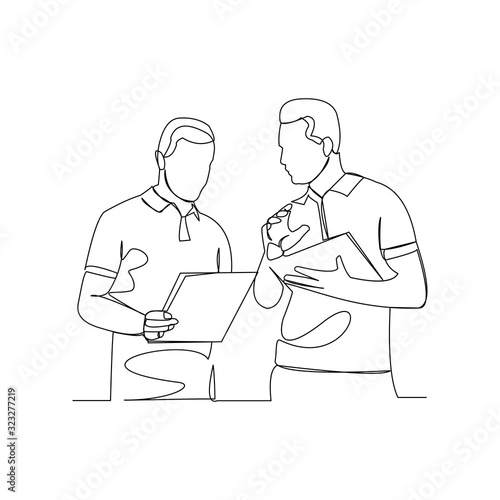 Continuous line drawing of two businessman talking and discuss about document. Vector illustration. © MuhammadZulfan