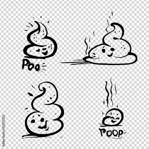 Funny cartoon doodle poop of different sizes with inscriptions, emoji painted with brush in thick paint strokes isolated on imitation transparent background
