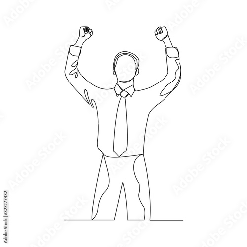 Continuous line drawing of cheering businessman holding fists. One line art concept of business success. Vector illustration.