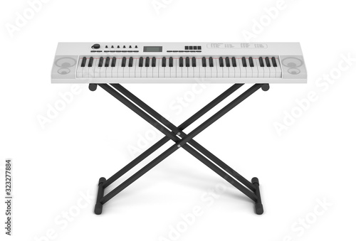 white synthesizer, electronic piano, musical instument isolated on white background 3d rendering photo