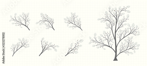 Fototapeta Naklejka Na Ścianę i Meble -  Tree with a set of branches with leaves and berries in vintage style on a notebook sheet on a light background