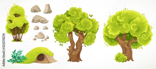 Set of natural summer objects big old trees, bush, hill with hole and stones on white background photo