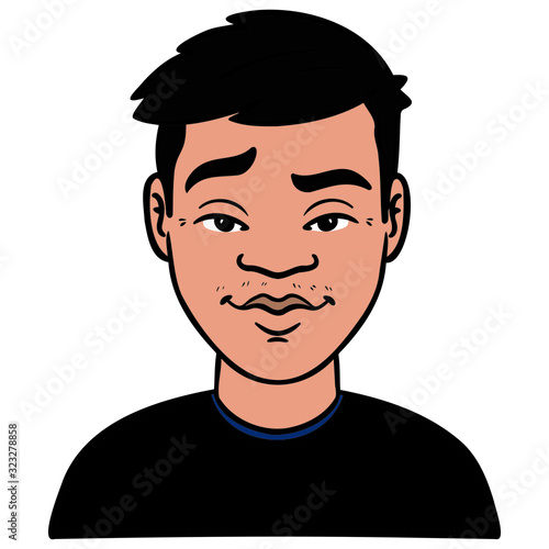 Vector illustration of a young Asian man with a black shirt and raised eyebrows who looks cool. japan, china, avatar, head, vector, isolated, cartoon.