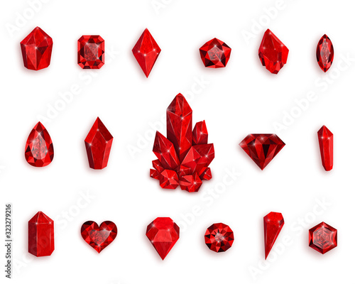 Set of red gemstones. Vector illustration of rubies.