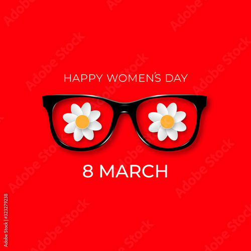 International Womens Day. 8 March. Black hipster glasses with white flowers.