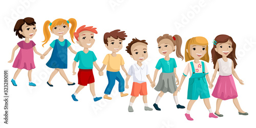 The group of children holding hands and cross the road. Vector isolated cartoon illustration on white background