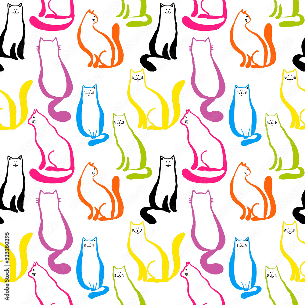 Seamless pattern with cats. Hand-drawn silhouettes of Pets isolated on a white background. Pink, green, yellow, blue cat