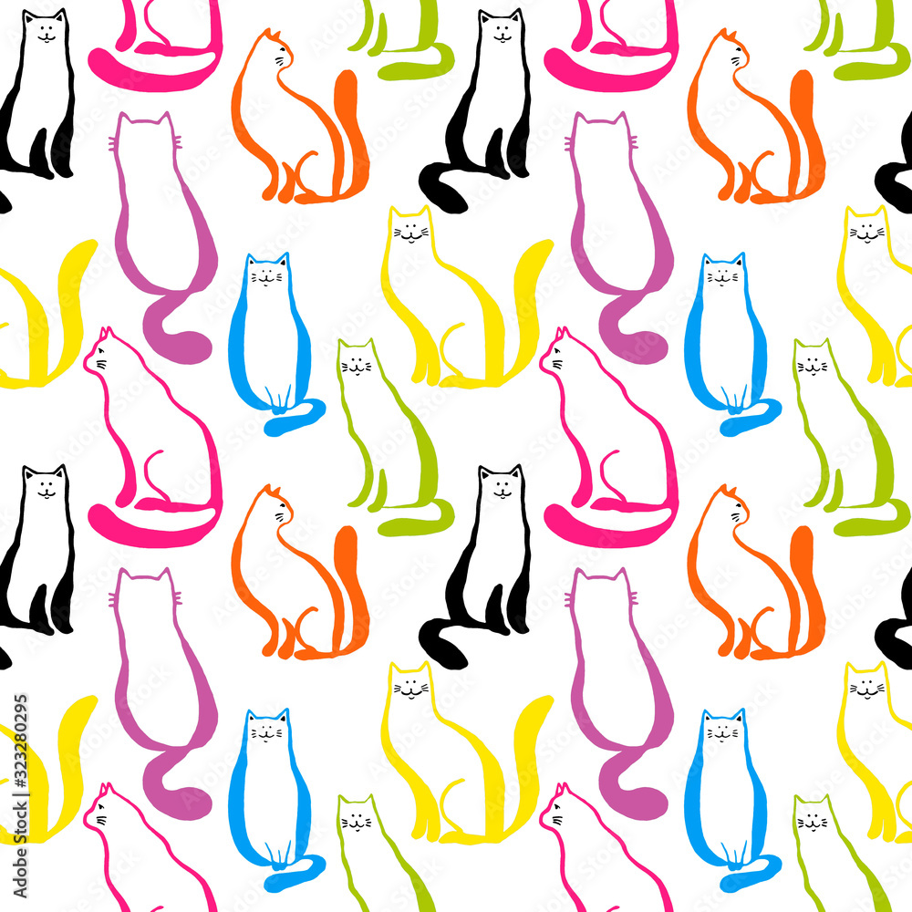 Seamless pattern with cats. Hand-drawn silhouettes of Pets isolated on a white background. Pink, green, yellow, blue cat Seamless pattern with cats. Hand-drawn silhouettes of Pets isolated on a white background. Pink, green, yellow, blue cat