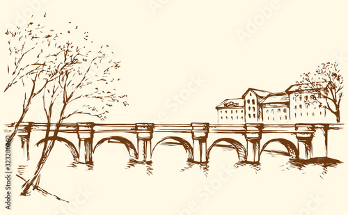 Cityscape with bridge over river. Vector drawing
