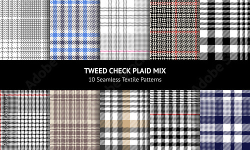 Glen pattern set. Seamless hounds tooth tartan check plaid in blck, white, red, pink, grey, brown for coat, skirt, trousers, jacket, dress, skirt, or other autumn and winter tweed fashion fabric print