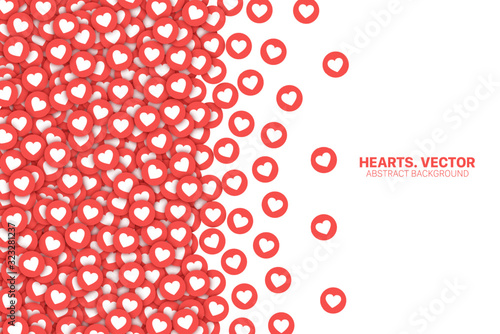 Vector Scattered Hearts Red Flat Icons Border Isolated On White Background. Lot Of Likes Conceptual Abstract Art Illustration. Love Design Template. Social Media Network Backdrop photo