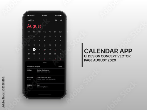 Calendar App Page August 2020 To Do List and Tasks UI UX Design Mockup Dark Mode Realistic Vector Frameless Smartphone Screen Isolated on White Background. Planner Application Template Mobile Phone