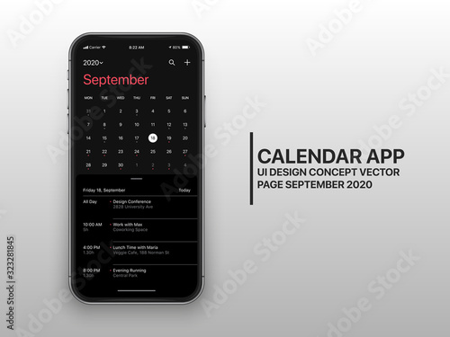 Calendar App Page September 2020 To Do List and Tasks UI UX Design Mockup Dark Mode Realistic Vector Frameless Smartphone Screen Isolated on White Background. Planner Application Template Mobile Phone