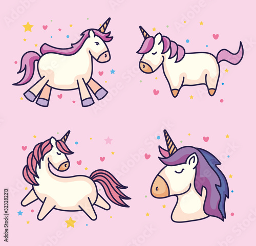 set of cute unicorns fantasy and decoration vector illustration design