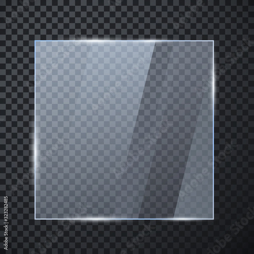 Square glass banner. Glossy frame template with reflection isolated on transparent background. Vector illustration