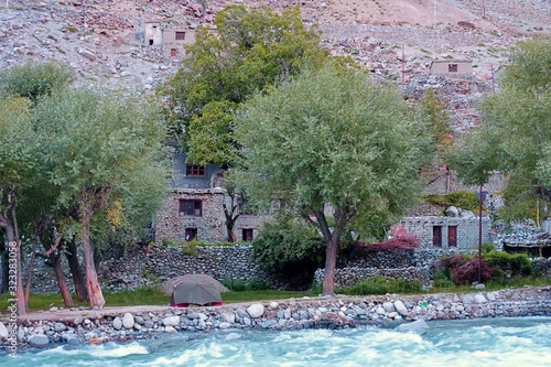 Camping in green tent at Aryan buddhist village Hanu Gogma deep inside of Ladakh, India