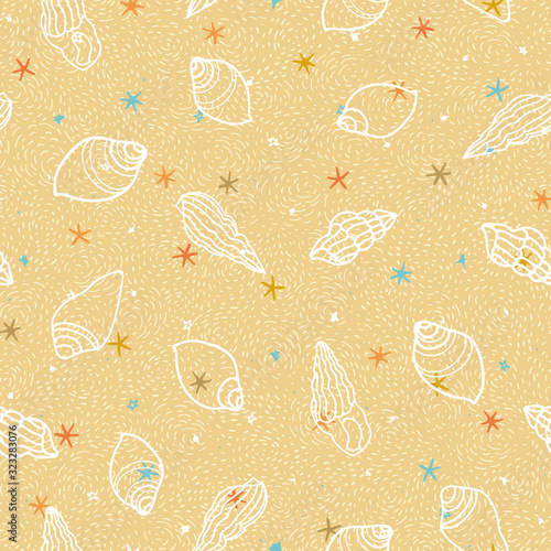 Summer texture sea shell pattern, summer mood, star fish on textured beachy background. Costal design for your perfect holiday. Nature background. Print, fabric, stationary.