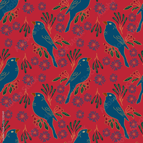seamless repeat pattern with birds  berries  leaves and flowers