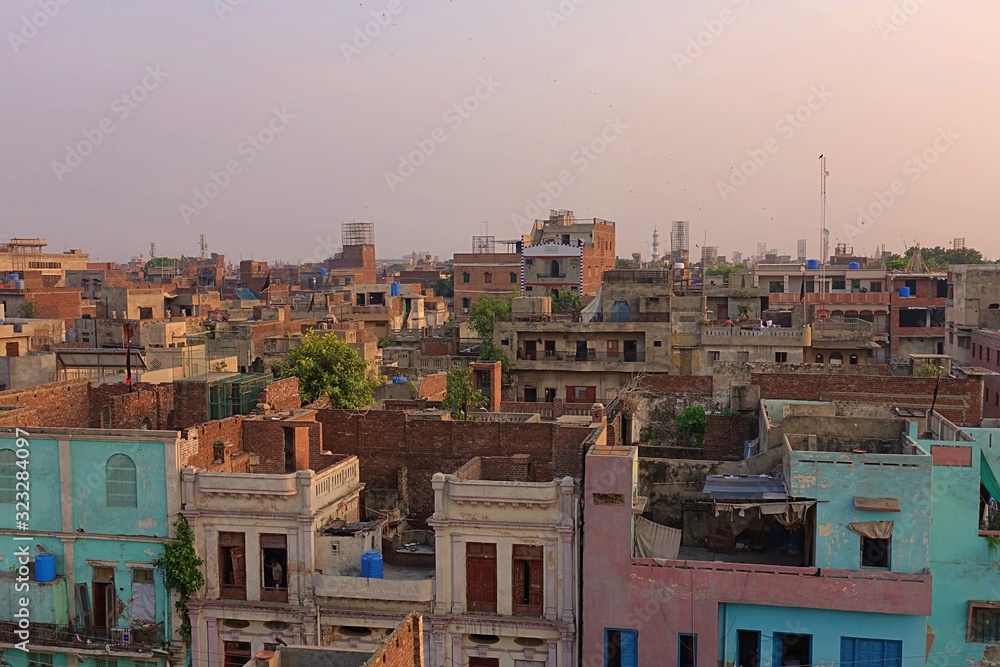 Lahore, Pakistan - 09.09.2019: The old housefronts of the Walled the Walled city - 