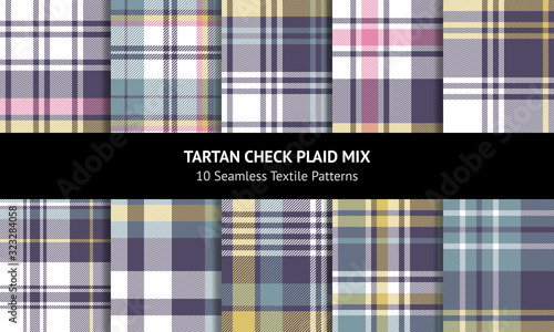 Plaid pattern set. Seamless herringbone and striped multicolored tartan check plaid in purple, pink, yellow, green, white for blanket, throw, duvet cover, or other autumn winter fabric design.