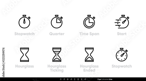 Stopwatch, Start, Timer icons vector set. Editable line.