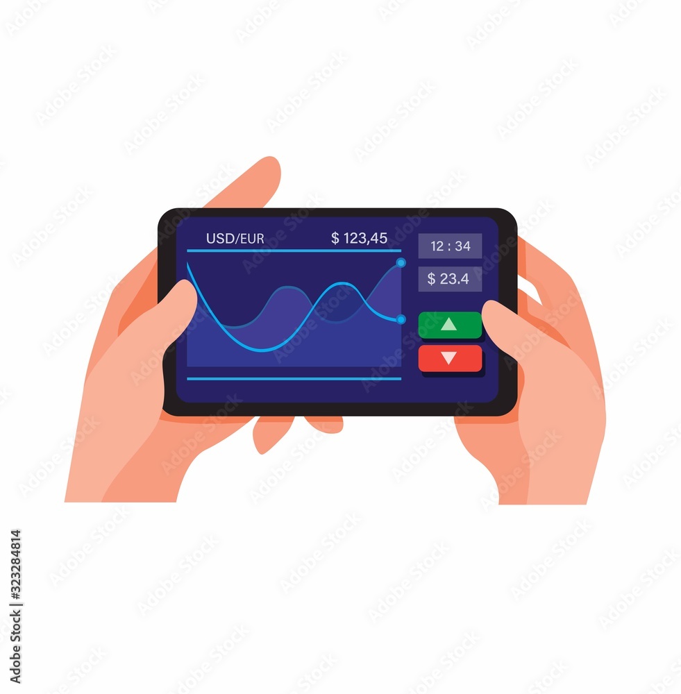 Trade exchange app mobile, hand holding smartphone with trading interface monitor in cartoon flat illustration vector isolated in white background Trade exchange app mobile, hand holding smartphone with trading interface monitor in cartoon flat illustration vector isolated in white background
