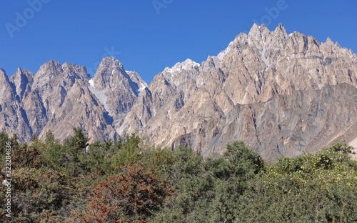 Tupopdan peaks near Passu village, also know as Passu Cones, or Passu Cathedral - upper Hunza, Northern Areas of Pakistan. 2019
