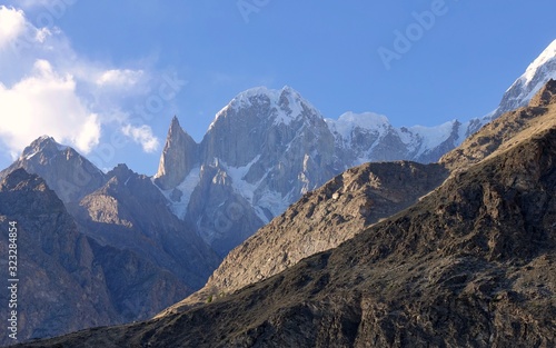 Bublimating or Ladyfinger Peak a distinctive rock spire in the Batura Muztagh, the westernmost subrange of the Karakoram range in Pakistan