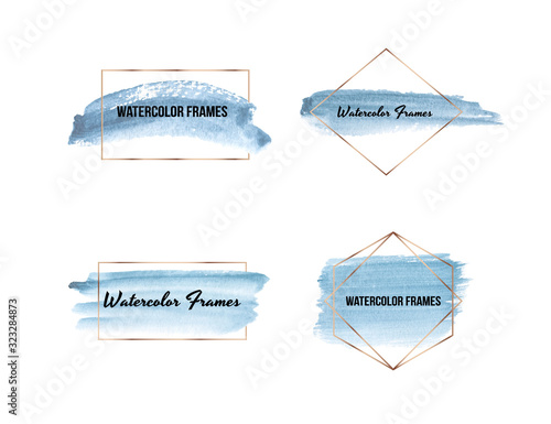 Blue brush stroke watercolor texture with gold polygonal frames. Geometric shape with hand drawing watercolor washes. Trendy templates for banner, flyer, poster, save the date, greeting