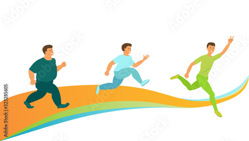 Changing a man's figure from fat to slim. The concept of sports and physical education for weight loss. Vector illustration in flat style.