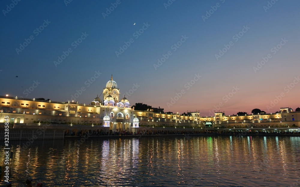 The Golden Temple (Harmandir Sahib) at night. The holiest Gurdwara and the most important pilgrimage site of Sikhism