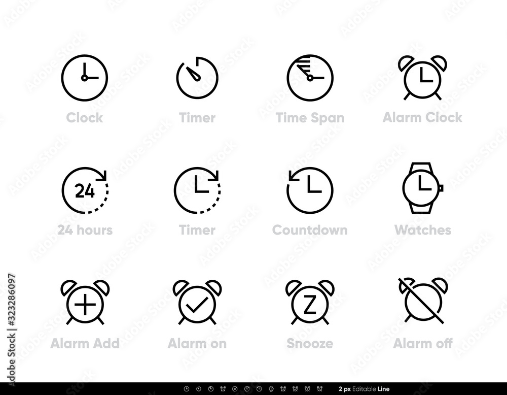 Clock and Timer, Alarm and Watch icons vector set. Editable line illustration.