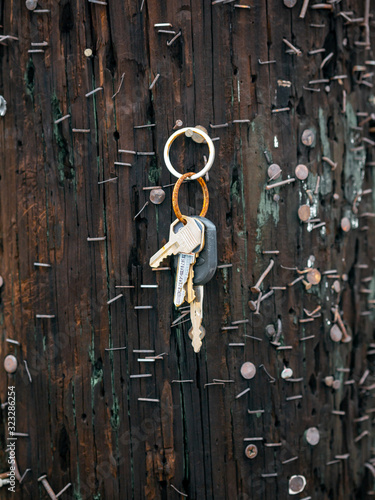 Keys hanging on telephone pole