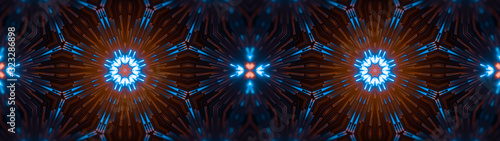 Abstract wide creative kaleidoscope background. Luminous neon glowing rays. Pattern diversity, beautiful fireworks, colorful explosion, big bang. Modern bright illumination. 3d rendering © S.Gvozd