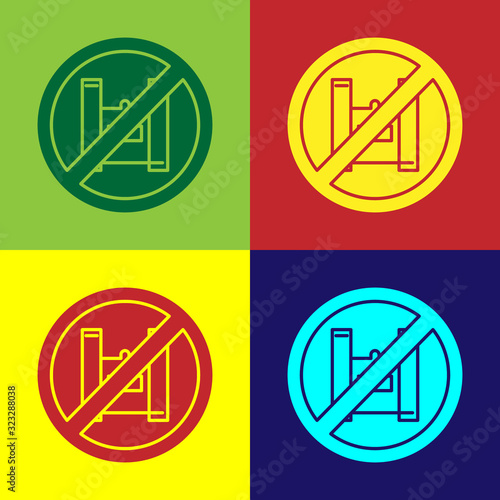 Color Say no to plastic bags poster icon isolated on color background. Disposable cellophane and polythene package prohibition sign. Vector Illustration