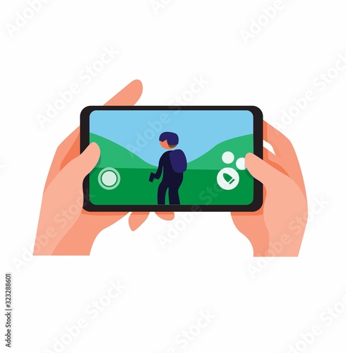 Playing shooter game on smartphone, hand holding smartphone with touchscreen control playing online game cartoon flat illustration vector isolated in white background