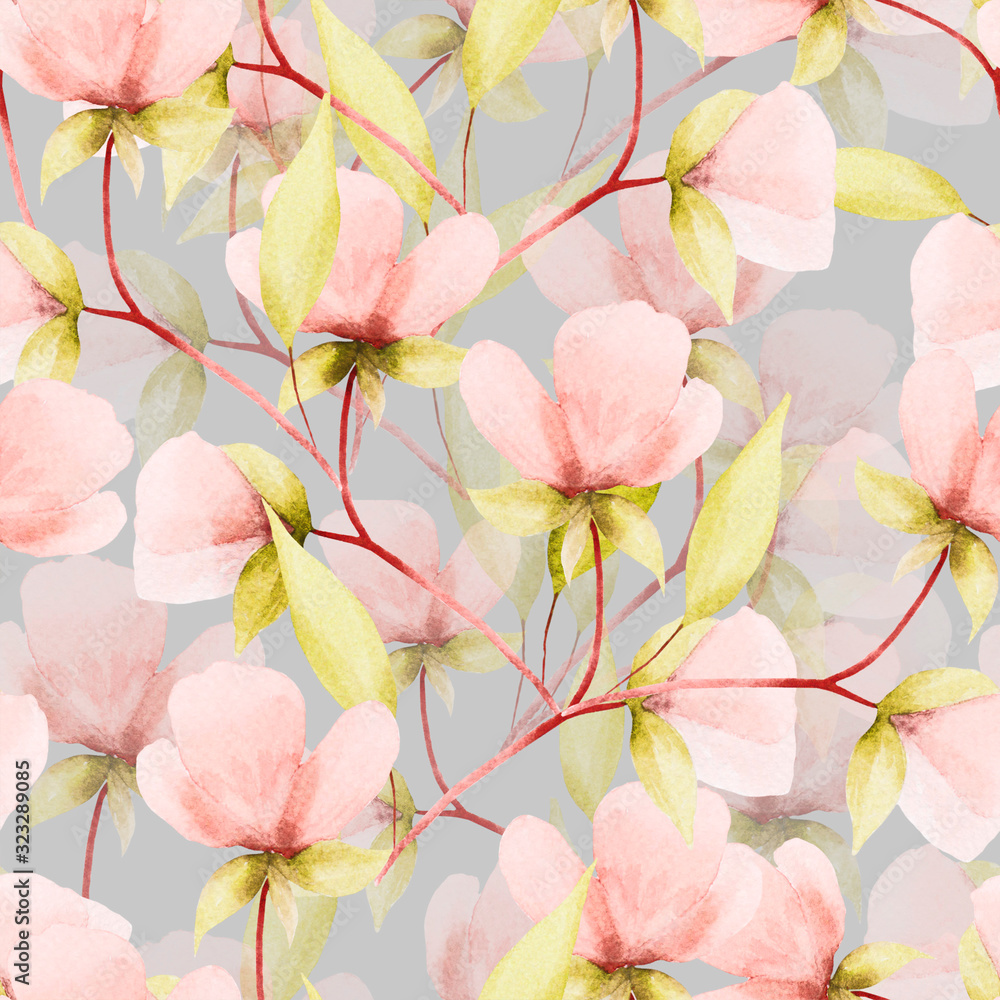 Watercolor spring tender flowers on gray background seamless pattern.Botanical  pattern for fabric,invitations, wrapping paper, cards and other material.