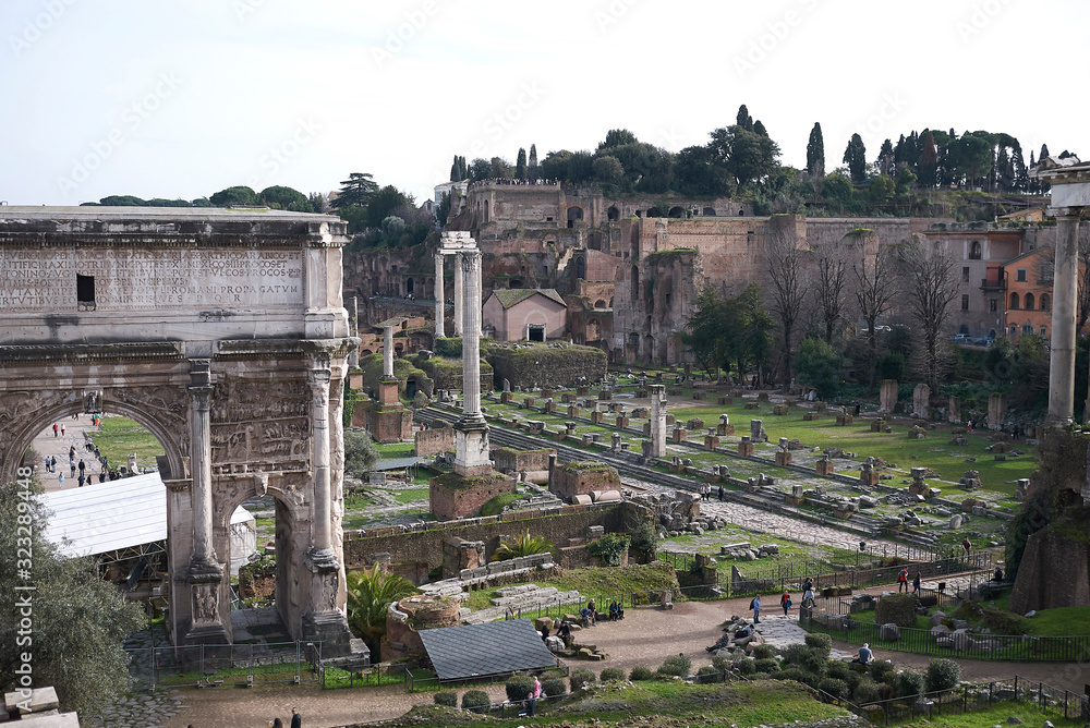 Rome, Italy - February 03, 2020 : View of the Roman Forum from Capitoline hill
