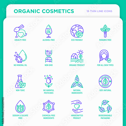 Organic cosmetics set of thin line icons for product packaging. Cruelty free, 0% alcohol, natural ingredients, paraben free, eco friendly, no mineral oil, non GMO. Modern vector illustration.