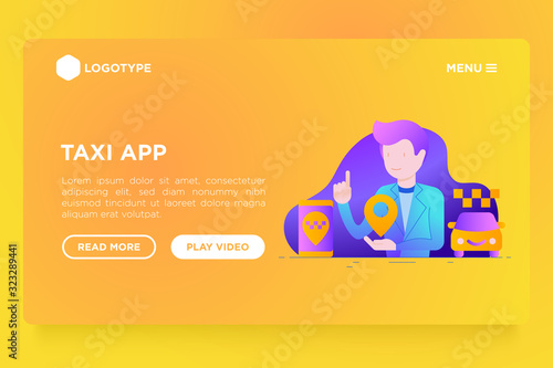 Man using taxi app. Web page template with flat icons: app settings, info, support service, location, pointer, route, destination. Vector illustration.