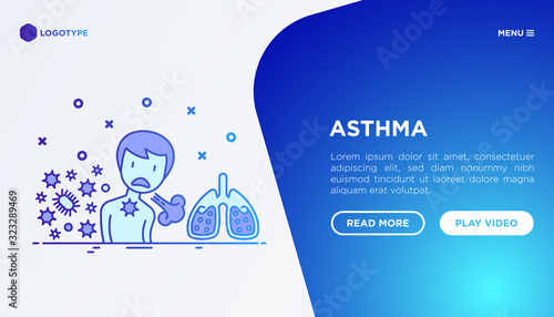 Asthma web page template. Man with asthma attack. Thin line icons: allergen, dyspnea, cough, wheezing, chest pain, diaphragm, sputum, inhaler, nebulizer. Modern vector illustration.