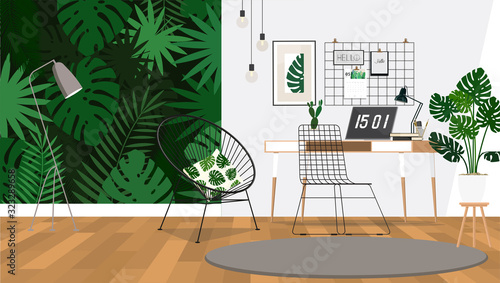 Desk with a monitor in a home office with plants and leafy wallpaper