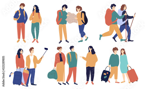 Set of colorful tourism couples backpacking, hiking, nordic walking, taking a selfie, with a tour guide and luggage, vector illustration