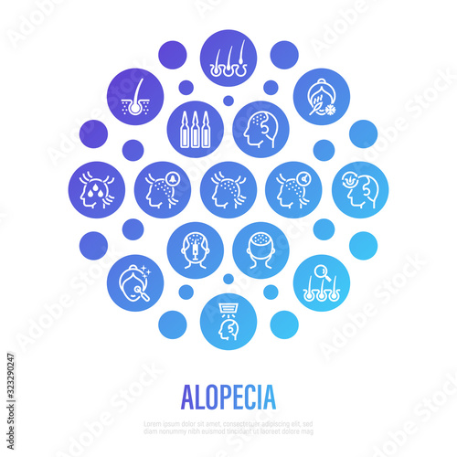 Alopecia and her types thin line icons in circle shape. Trichology, hair loss, hair follicle, mesotherapy, ampoules, hair transplant. Vector illustration.
