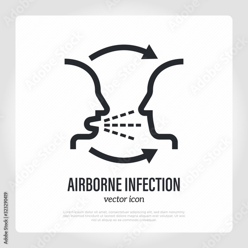 Airborne infection thin line icon. Person to person. Cough, symptom of adenovirus, flu, influenza, coronavirus. Vector illustration.