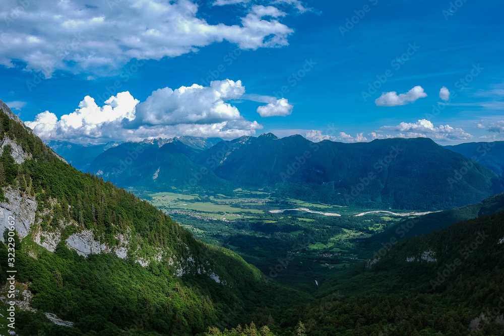 Panoramic picture of Bovec valley, taken high in the mountains, close to Kanin ski slope.