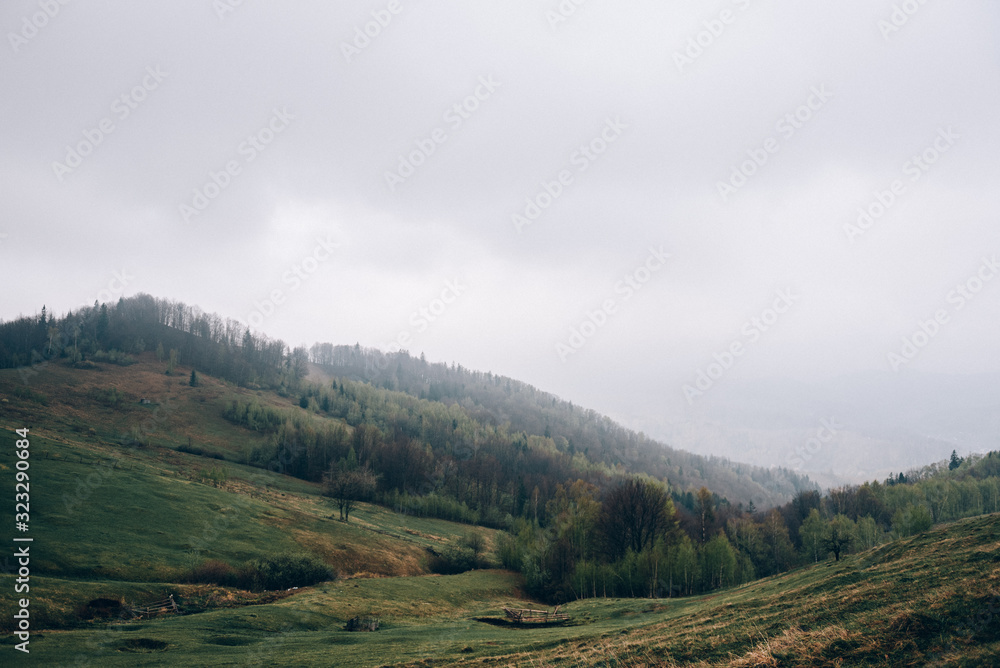 Mountains in the fog covered with green grass and trees.