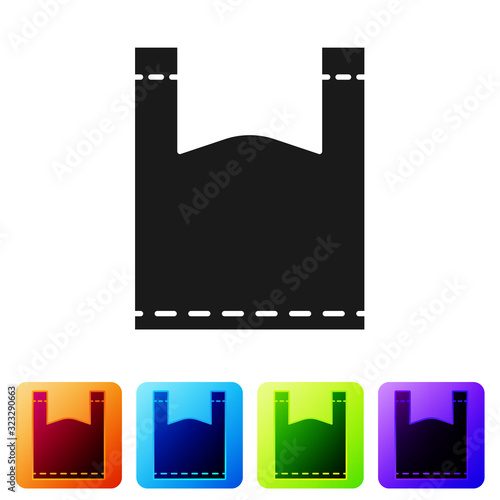 Black Plastic bag icon isolated on white background. Disposable cellophane and polythene package prohibition sign. Set icons in color square buttons. Vector Illustration