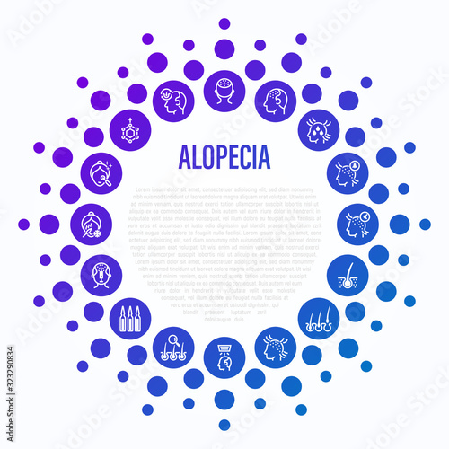 Alopecia and her types thin line icons in circle shape. Trichology, hair loss, hair follicle, mesotherapy, ampoules, hair transplant. Vector illustration.