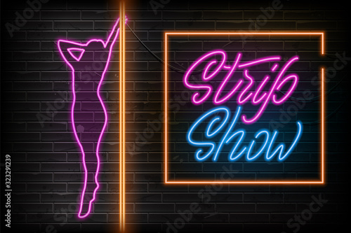 Advertising poster neon design Strip Show. Party Invitation Booklet. Neon sign. Vector illustration